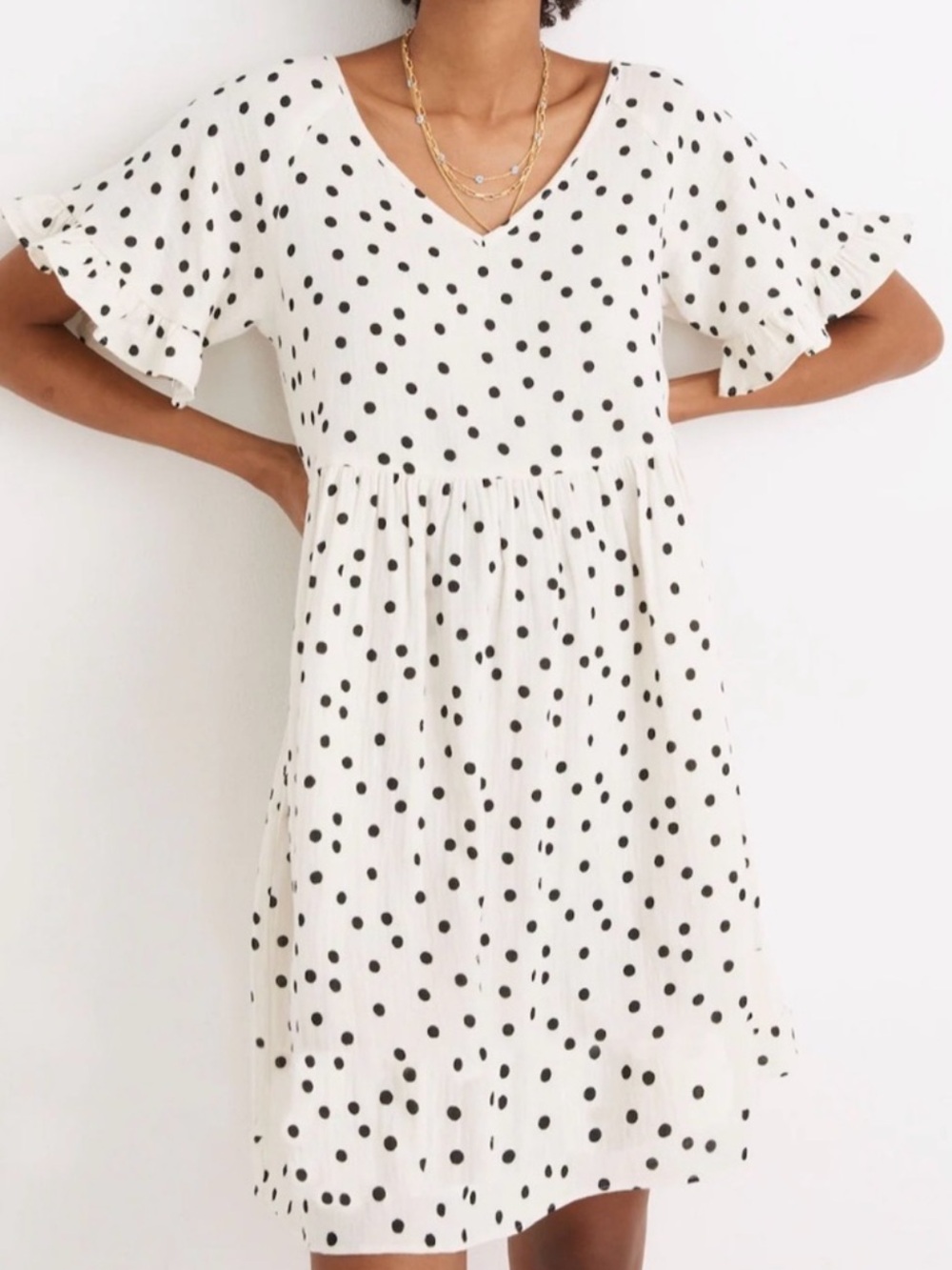 Madewell Lightspun Ruffle-Sleeve Babydoll Dress Pearl Ivory Tossed Dot Size XXS